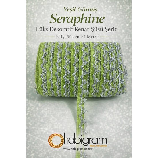 Yeşil G&uuml;m&uuml;ş Seraphine L&uuml;ks Dekoratif Kenar S&uuml;s&uuml; Şerit &ndash; El İşi S&uuml;sleme 1 Metre-SERAPHINE-109