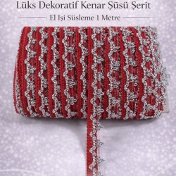 Kırmızı G&uuml;m&uuml;ş Seraphine L&uuml;ks Dekoratif Kenar S&uuml;s&uuml; Şerit &ndash; El İşi S&uuml;sleme 1 Metre-SERAPHINE-110