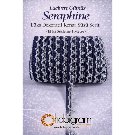 Lacivert G&uuml;m&uuml;ş Seraphine L&uuml;ks Dekoratif Kenar S&uuml;s&uuml; Şerit &ndash; El İşi S&uuml;sleme 1 Metre-SERAPHINE-112