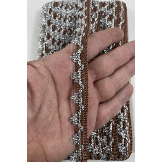 Kahverengi G&uuml;m&uuml;ş Seraphine L&uuml;ks Dekoratif Kenar S&uuml;s&uuml; Şerit &ndash; El İşi S&uuml;sleme 1 Metre-SERAPHINE-113