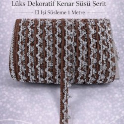 Kahverengi G&uuml;m&uuml;ş Seraphine L&uuml;ks Dekoratif Kenar S&uuml;s&uuml; Şerit &ndash; El İşi S&uuml;sleme 1 Metre-SERAPHINE-113