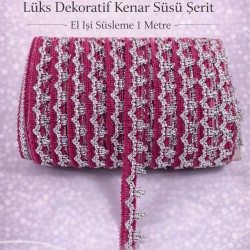 Fuşya G&uuml;m&uuml;ş Seraphine L&uuml;ks Dekoratif Kenar S&uuml;s&uuml; Şerit &ndash; El İşi S&uuml;sleme 1 Metre-SERAPHINE-114