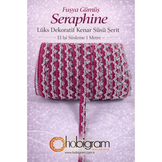 Fuşya G&uuml;m&uuml;ş Seraphine L&uuml;ks Dekoratif Kenar S&uuml;s&uuml; Şerit &ndash; El İşi S&uuml;sleme 1 Metre-SERAPHINE-114