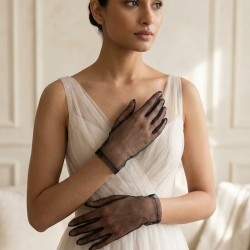 Seravelle Pure Skin Siyah T&uuml;l Gelin Eldiveni &ndash; İkinci Ten Efekti Zarif Nikah Aksesuarı-SERAVELLE-2