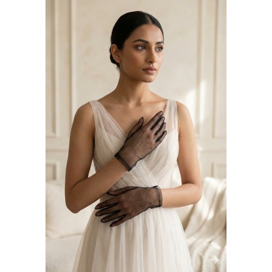 Seravelle Pure Skin Siyah T&uuml;l Gelin Eldiveni &ndash; İkinci Ten Efekti Zarif Nikah Aksesuarı-SERAVELLE-2