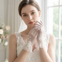 Serelune Beyaz Drop T&uuml;l Gelin Eldiveni &ndash; Taşlı Fiyonk ve Sarkan İncili Nikah Aksesuarı-SERELUNE-1