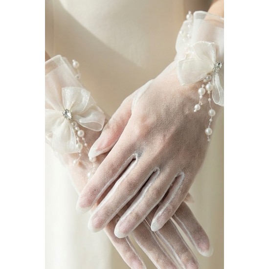 Serelune Beyaz Drop T&uuml;l Gelin Eldiveni &ndash; Taşlı Fiyonk ve Sarkan İncili Nikah Aksesuarı-SERELUNE-1