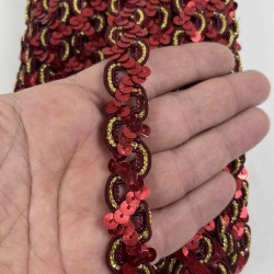 Kırmızı Gold Sevoria Pullu Dekoratif Kenar S&uuml;s&uuml; Şerit &ndash; El İşi S&uuml;sleme 1 Metre-SEVORIA-102