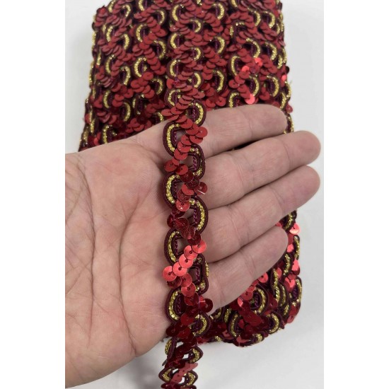 Kırmızı Gold Sevoria Pullu Dekoratif Kenar S&uuml;s&uuml; Şerit &ndash; El İşi S&uuml;sleme 1 Metre-SEVORIA-102