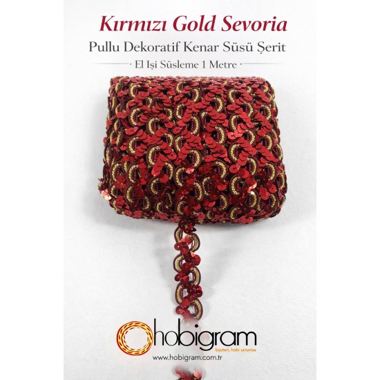 Kırmızı Gold Sevoria Pullu Dekoratif Kenar S&uuml;s&uuml; Şerit &ndash; El İşi S&uuml;sleme 1 Metre-SEVORIA-102