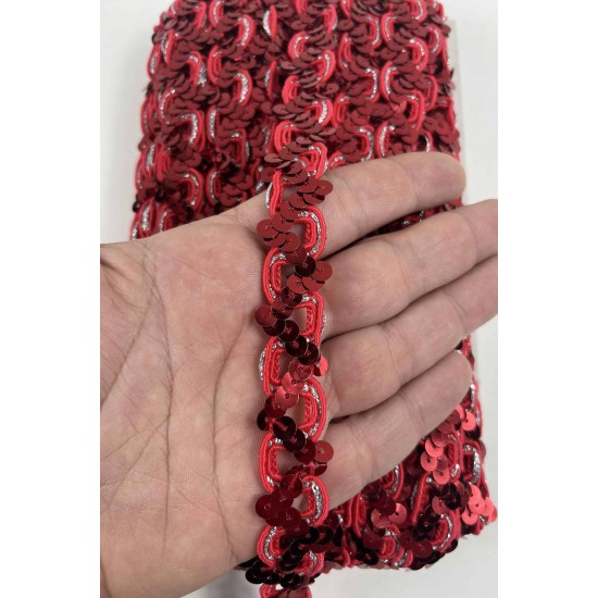 Kırmızı Sevoria Pullu Dekoratif Kenar S&uuml;s&uuml; Şerit &ndash; El İşi S&uuml;sleme 1 Metre-SEVORIA-103