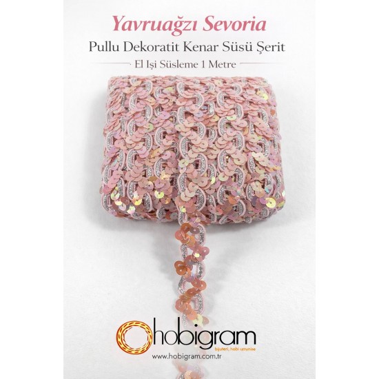 Yavruağzı Sevoria Pullu Dekoratif Kenar S&uuml;s&uuml; Şerit &ndash; El İşi S&uuml;sleme 1 Metre-SEVORIA-104