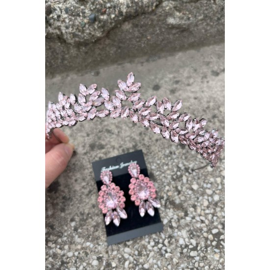 Silvana Pembe Gelin Kına Tacı Özel Gün Aksesuar Kadın Taç Ve Üç Mekik Küpe Takımı-SILVANA-13 Silvana Pembe Gelin Kına Tacı Özel Gün Aksesuar Kadın Taç Ve Üç Mekik Küpe Takımı-SILVANA-13