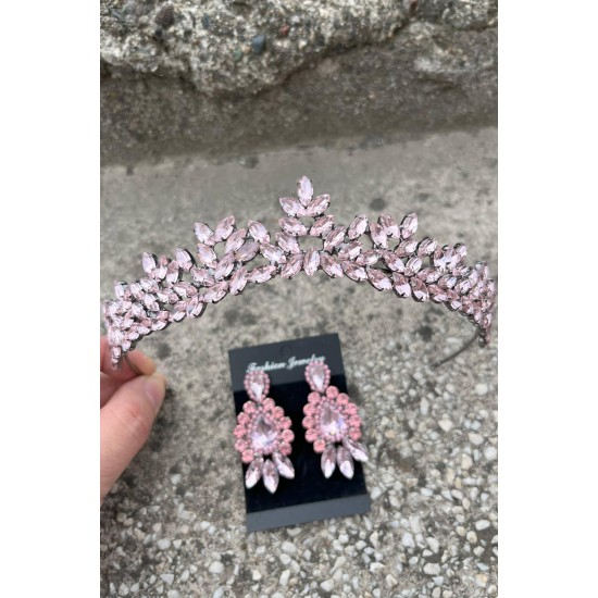 Silvana Pembe Gelin Kına Tacı Özel Gün Aksesuar Kadın Taç Ve Üç Mekik Küpe Takımı-SILVANA-13 Silvana Pembe Gelin Kına Tacı Özel Gün Aksesuar Kadın Taç Ve Üç Mekik Küpe Takımı-SILVANA-13
