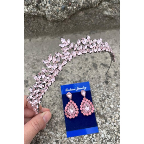 Silvana Pembe Gelin Kına Tacı Özel Gün Aksesuar Kadın Taç Ve Damla Mekik Küpe Takımı-SILVANA-14 Silvana Pembe Gelin Kına Tacı Özel Gün Aksesuar Kadın Taç Ve Damla Mekik Küpe Takımı-SILVANA-14