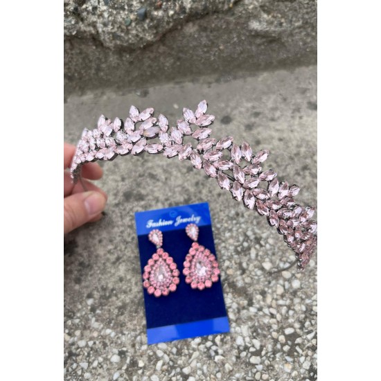 Silvana Pembe Gelin Kına Tacı Özel Gün Aksesuar Kadın Taç Ve Damla Mekik Küpe Takımı-SILVANA-14 Silvana Pembe Gelin Kına Tacı Özel Gün Aksesuar Kadın Taç Ve Damla Mekik Küpe Takımı-SILVANA-14