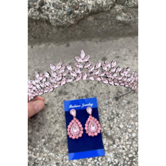 Silvana Pembe Gelin Kına Tacı Özel Gün Aksesuar Kadın Taç Ve Damla Mekik Küpe Takımı-SILVANA-14 Silvana Pembe Gelin Kına Tacı Özel Gün Aksesuar Kadın Taç Ve Damla Mekik Küpe Takımı-SILVANA-14