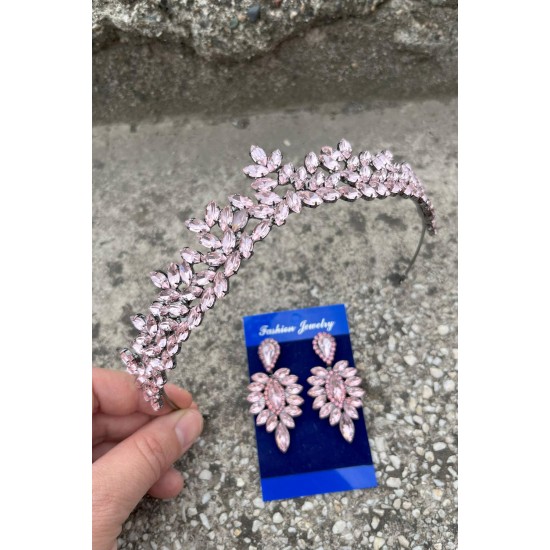 Silvana Pembe Gelin Kına Tacı Özel Gün Aksesuar Kadın Taç Ve İnce Mekik Küpe Takımı-SILVANA-15 Silvana Pembe Gelin Kına Tacı Özel Gün Aksesuar Kadın Taç Ve İnce Mekik Küpe Takımı-SILVANA-15