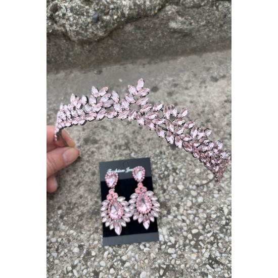 Silvana Pembe Gelin Kına Tacı Özel Gün Aksesuar Kadın Taç Ve Geniş Mekik Küpe Takımı-SILVANA-16 Silvana Pembe Gelin Kına Tacı Özel Gün Aksesuar Kadın Taç Ve Geniş Mekik Küpe Takımı-SILVANA-16