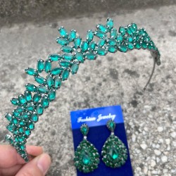 Silvana Yeşil Gelin Kına Tacı Özel Gün Aksesuar Kadın Taç Ve Damla Mekik Küpe Takımı-SILVANA-22 Silvana Yeşil Gelin Kına Tacı Özel Gün Aksesuar Kadın Taç Ve Damla Mekik Küpe Takımı-SILVANA-22