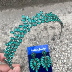 Silvana Yeşil Gelin Kına Tacı Özel Gün Aksesuar Kadın Taç Ve İnce Mekik Küpe Takımı-SILVANA-24 Silvana Yeşil Gelin Kına Tacı Özel Gün Aksesuar Kadın Taç Ve İnce Mekik Küpe Takımı-SILVANA-24