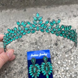 Silvana Yeşil Gelin Kına Tacı Özel Gün Aksesuar Kadın Taç Ve İnce Mekik Küpe Takımı-SILVANA-24 Silvana Yeşil Gelin Kına Tacı Özel Gün Aksesuar Kadın Taç Ve İnce Mekik Küpe Takımı-SILVANA-24