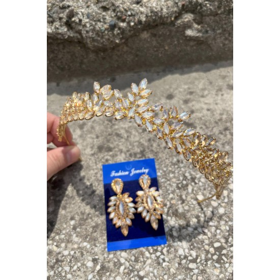 Silvana Gold Gelin Kına Tacı Özel Gün Aksesuar Kadın Taç Ve İnce Mekik Küpe Takımı-SILVANA-30 Silvana Gold Gelin Kına Tacı Özel Gün Aksesuar Kadın Taç Ve İnce Mekik Küpe Takımı-SILVANA-30