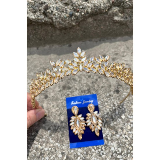 Silvana Gold Gelin Kına Tacı Özel Gün Aksesuar Kadın Taç Ve İnce Mekik Küpe Takımı-SILVANA-30 Silvana Gold Gelin Kına Tacı Özel Gün Aksesuar Kadın Taç Ve İnce Mekik Küpe Takımı-SILVANA-30