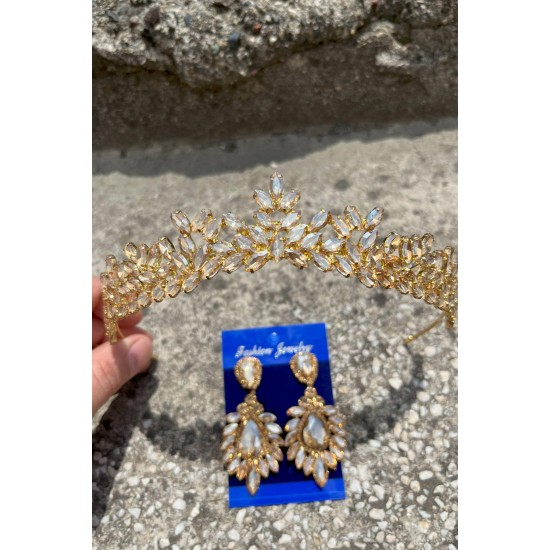 Silvana Gold Gelin Kına Tacı Özel Gün Aksesuar Kadın Taç Ve Geniş Mekik Küpe Takımı-SILVANA-31 Silvana Gold Gelin Kına Tacı Özel Gün Aksesuar Kadın Taç Ve Geniş Mekik Küpe Takımı-SILVANA-31