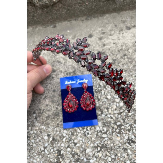 Silvana Bordo Gelin Kına Tacı Özel Gün Aksesuar Kadın Taç Ve Damla Mekik Küpe Takımı-SILVANA-35 Silvana Bordo Gelin Kına Tacı Özel Gün Aksesuar Kadın Taç Ve Damla Mekik Küpe Takımı-SILVANA-35