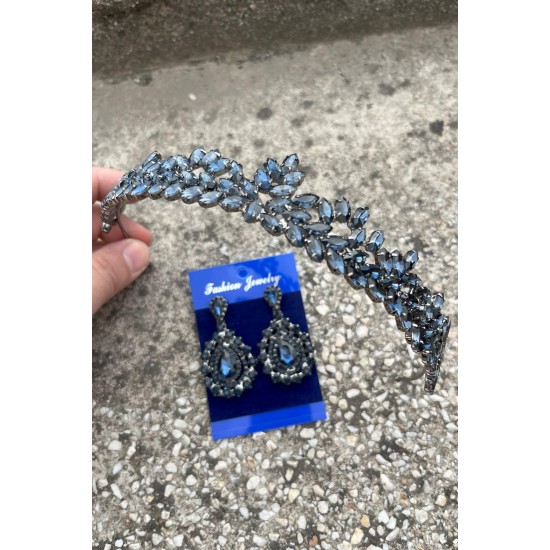 Silvana Lacivert Gelin Kına Tacı Özel Gün Aksesuar Kadın Taç Ve Damla Mekik Küpe Takımı-SILVANA-40 Silvana Lacivert Gelin Kına Tacı Özel Gün Aksesuar Kadın Taç Ve Damla Mekik Küpe Takımı-SILVANA-40