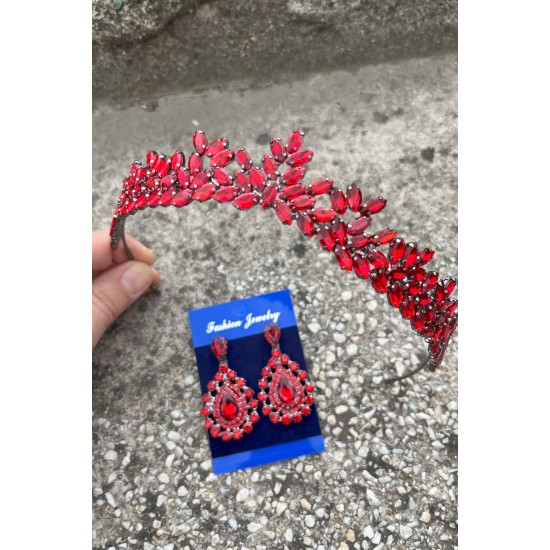 Silvana Kırmızı Gelin Kına Tacı Özel Gün Aksesuar Kadın Taç Ve Damla Mekik Küpe Takımı-SILVANA-42 Silvana Kırmızı Gelin Kına Tacı Özel Gün Aksesuar Kadın Taç Ve Damla Mekik Küpe Takımı-SILVANA-42