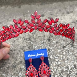 Silvana Kırmızı Gelin Kına Tacı Özel Gün Aksesuar Kadın Taç Ve Damla Mekik Küpe Takımı-SILVANA-42 Silvana Kırmızı Gelin Kına Tacı Özel Gün Aksesuar Kadın Taç Ve Damla Mekik Küpe Takımı-SILVANA-42
