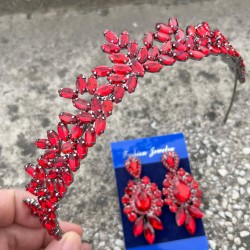 Silvana Kırmızı Gelin Kına Tacı Özel Gün Aksesuar Kadın Taç Ve Üç Mekik Küpe Takımı-SILVANA-44 Silvana Kırmızı Gelin Kına Tacı Özel Gün Aksesuar Kadın Taç Ve Üç Mekik Küpe Takımı-SILVANA-44