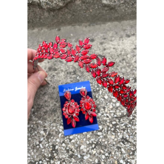 Silvana Kırmızı Gelin Kına Tacı Özel Gün Aksesuar Kadın Taç Ve Üç Mekik Küpe Takımı-SILVANA-44 Silvana Kırmızı Gelin Kına Tacı Özel Gün Aksesuar Kadın Taç Ve Üç Mekik Küpe Takımı-SILVANA-44