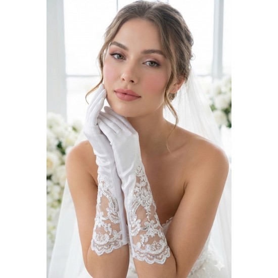 Silvera Lace Satin Gelin Eldiveni &ndash; Dantel Detaylı Full Parmak Zarif L&uuml;ks Tasarım-SILVERA-1
