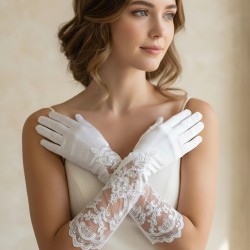 Silvera Lace Satin Gelin Eldiveni &ndash; Dantel Detaylı Full Parmak Zarif L&uuml;ks Tasarım-SILVERA-1