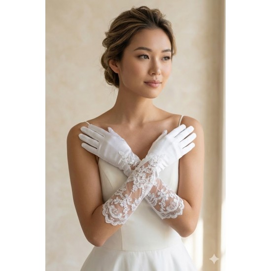 Silvera Lace Satin Gelin Eldiveni &ndash; Dantel Detaylı Full Parmak Zarif L&uuml;ks Tasarım-SILVERA-1