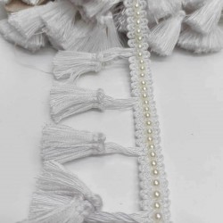 Beyaz İncili Topuzlu Saçak Püskül-SP-1106