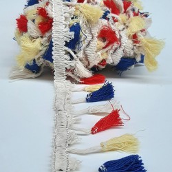 Kırmızı Krem Lacivert Pamuk Saçak Şerit Püskül-SP-1123 Kırmızı Krem Lacivert Pamuk Saçak Şerit Püskül-SP-1123