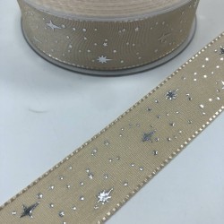 Koyu Krem Yıldız Desenli Tafta Kurdele-TAF-1045