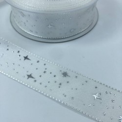 Beyaz Yıldız Desenli Tafta Kurdele-TAF-1047