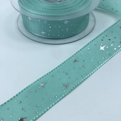 Su Yeşili Yıldız Desenli Tafta Kurdele-TAF-1048