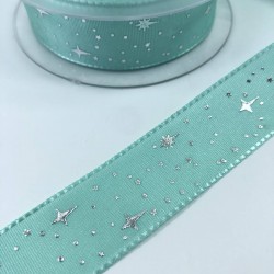 Su Yeşili Yıldız Desenli Tafta Kurdele-TAF-1048