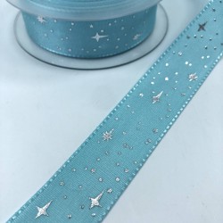 Turkuaz Yıldız Desenli Tafta Kurdele-TAF-1049