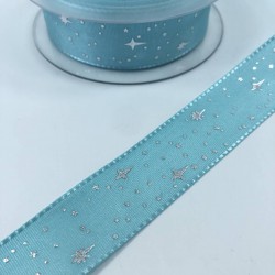 Turkuaz Yıldız Desenli Tafta Kurdele-TAF-1049