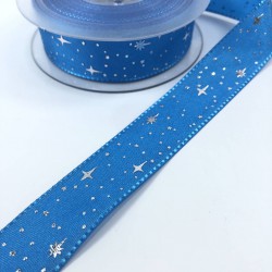 Saks Mavi Yıldız Desenli Tafta Kurdele-TAF-1050