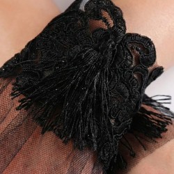 Tasselya Lace Siyah T&uuml;l Bilek Eldiveni &ndash; P&uuml;sk&uuml;l Detaylı Vintage Gelin ve Davet Aksesuarı-TASSELYA-2