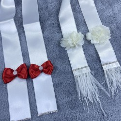 Kırmızı Papyonlu Tüylü Özel Tasarım Takı Merasimi Kurdelesi Takı Kemeri-TKUR-1010