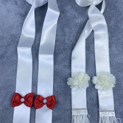 Kırmızı Papyonlu Tüylü Özel Tasarım Takı Merasimi Kurdelesi Takı Kemeri-TKUR-1010